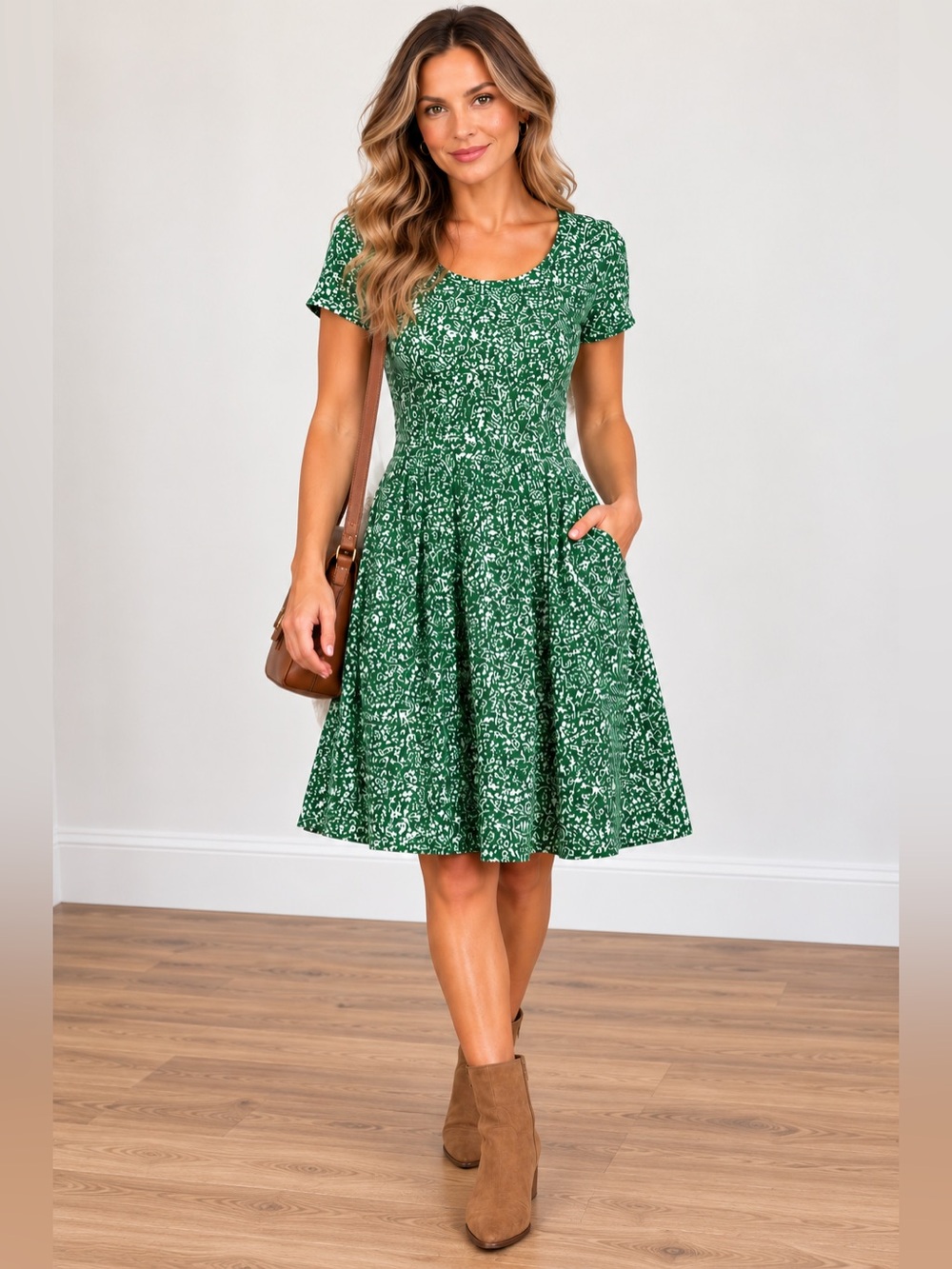 Boden Green & White Floral Cotton Dress – Size 6 Fit and Flare